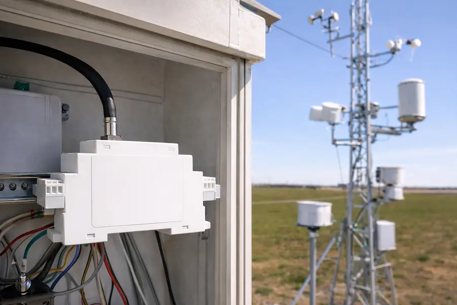 Sensor barométrico instalado em abrigo meteorológico com torre de estação automática ao fundo em área aberta para monitoramento ambiental.