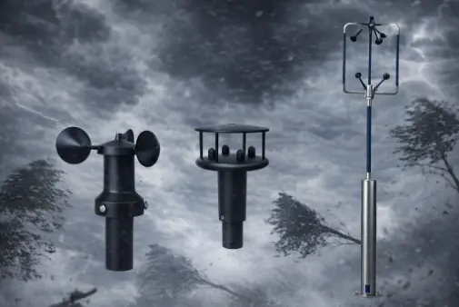 Anemômetros de concha e ultrassônico para medição de velocidade e direção do vento, posicionados sobre fundo de tempestade com ventos fortes.