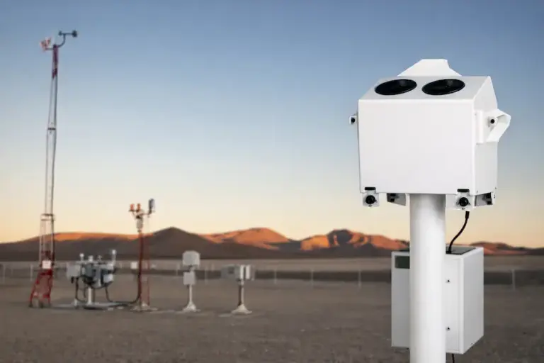Ceilômetro instalado em área externa para medição da altura das nuvens em estação meteorológica.