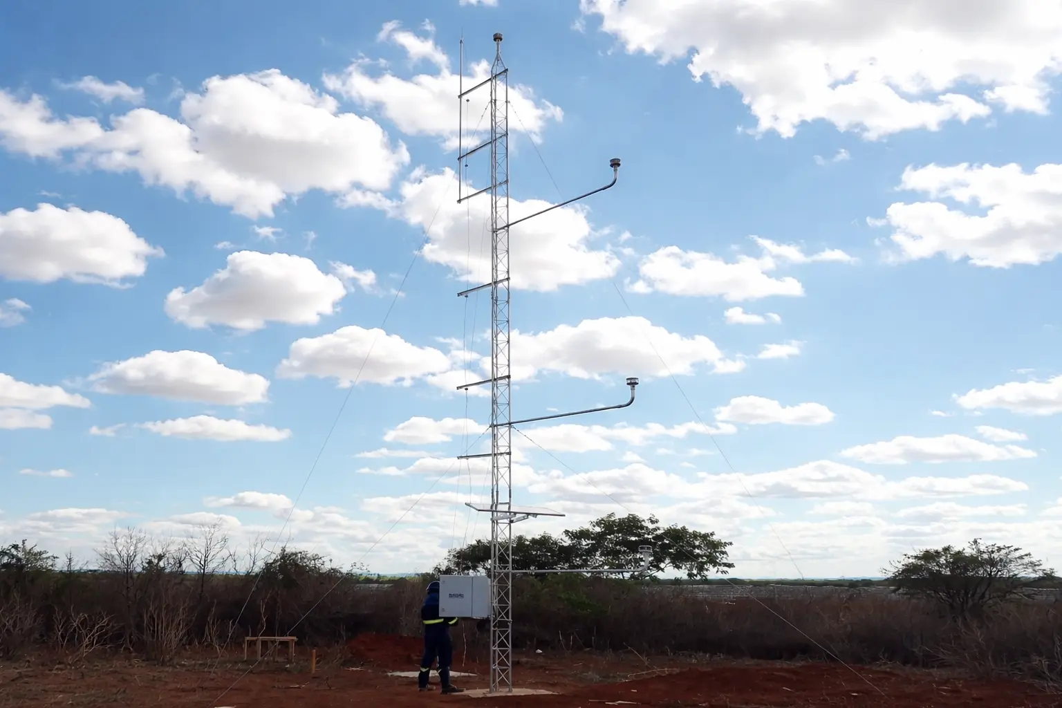 Anemômetro instalado em torre meteorológica em área aberta, utilizado para medição da velocidade e direção do vento conforme padrões da WMO