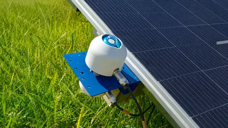 Piranômetro instalado ao lado de módulo fotovoltaico para medição da radiação solar e monitoramento da irradiância em sistema de energia solar.