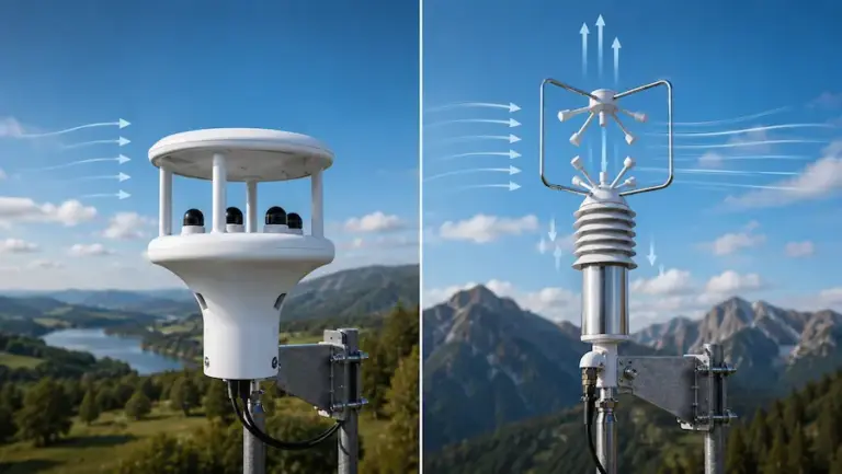 Comparação entre anemômetro ultrassônico 2D e anemômetro ultrassônico 3D, destacando a medição do vento horizontal no modelo 2D e a análise tridimensional do fluxo de ar com componentes horizontais e verticais no modelo 3D.