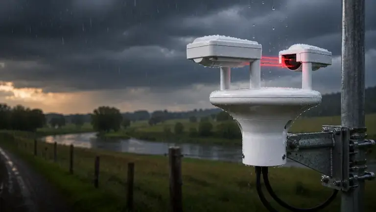 Sensor óptico de chuva Gill TruMet PW100 instalado em campo durante precipitação, utilizando tecnologia infravermelha para medição precisa da intensidade e do acumulado de chuva sem partes móveis.