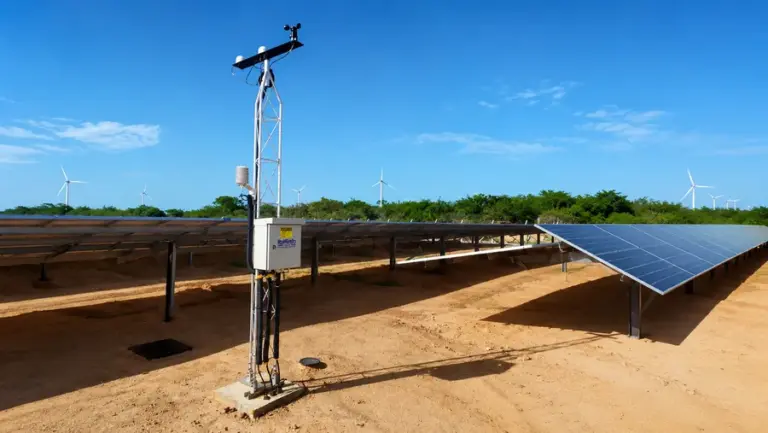 Estação solarimétrica instalada em sistema fotovoltaico de geração distribuída, equipada com sensores de irradiância solar, temperatura, vento e monitoramento ambiental.